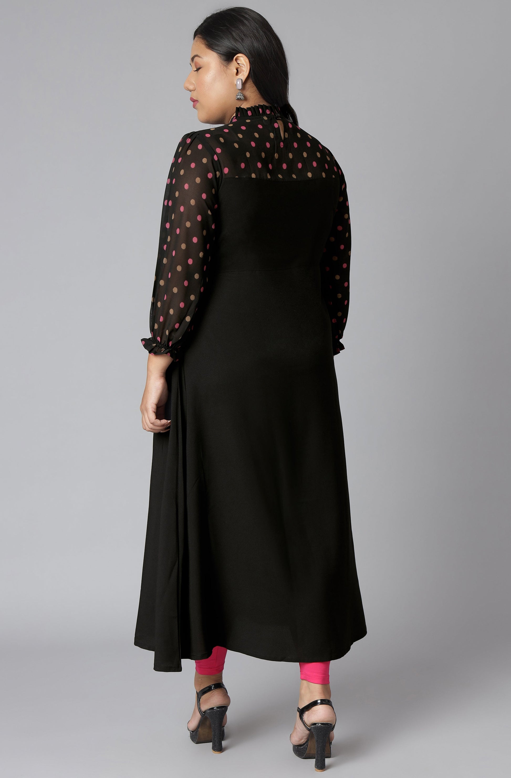 Janasya Women's Black Poly Crepe Polka Print Casual A-line Kurta | Swadesiicart