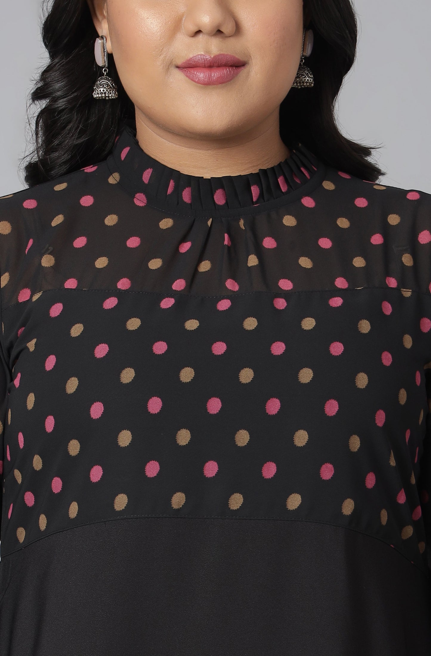 Janasya Women's Black Poly Crepe Polka Print Casual A-line Kurta | Swadesiicart