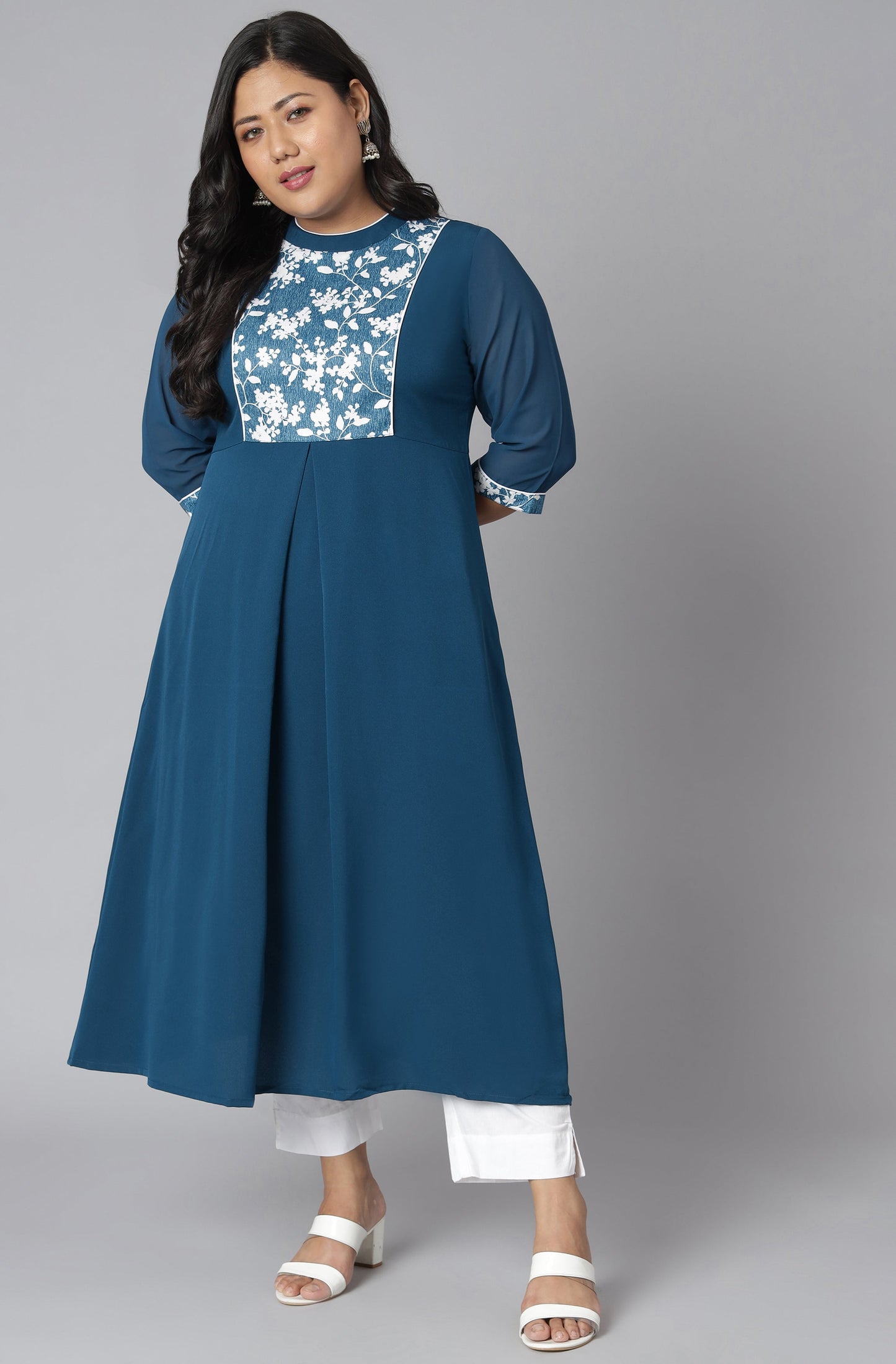 Janasya Women's Teal Poly Crepe Floral Print Casual A-line Kurta | Swadesiicart