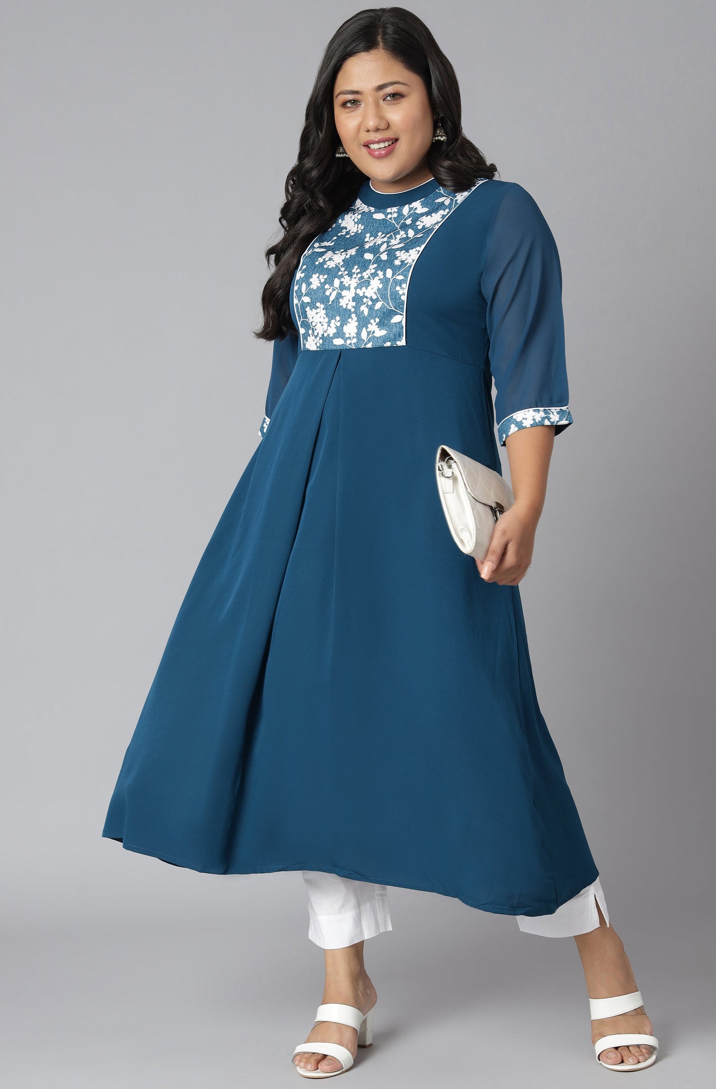 Janasya Women's Teal Poly Crepe Floral Print Casual A-line Kurta | Swadesiicart