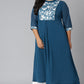 Janasya Women's Teal Poly Crepe Floral Print Casual A-line Kurta | Swadesiicart