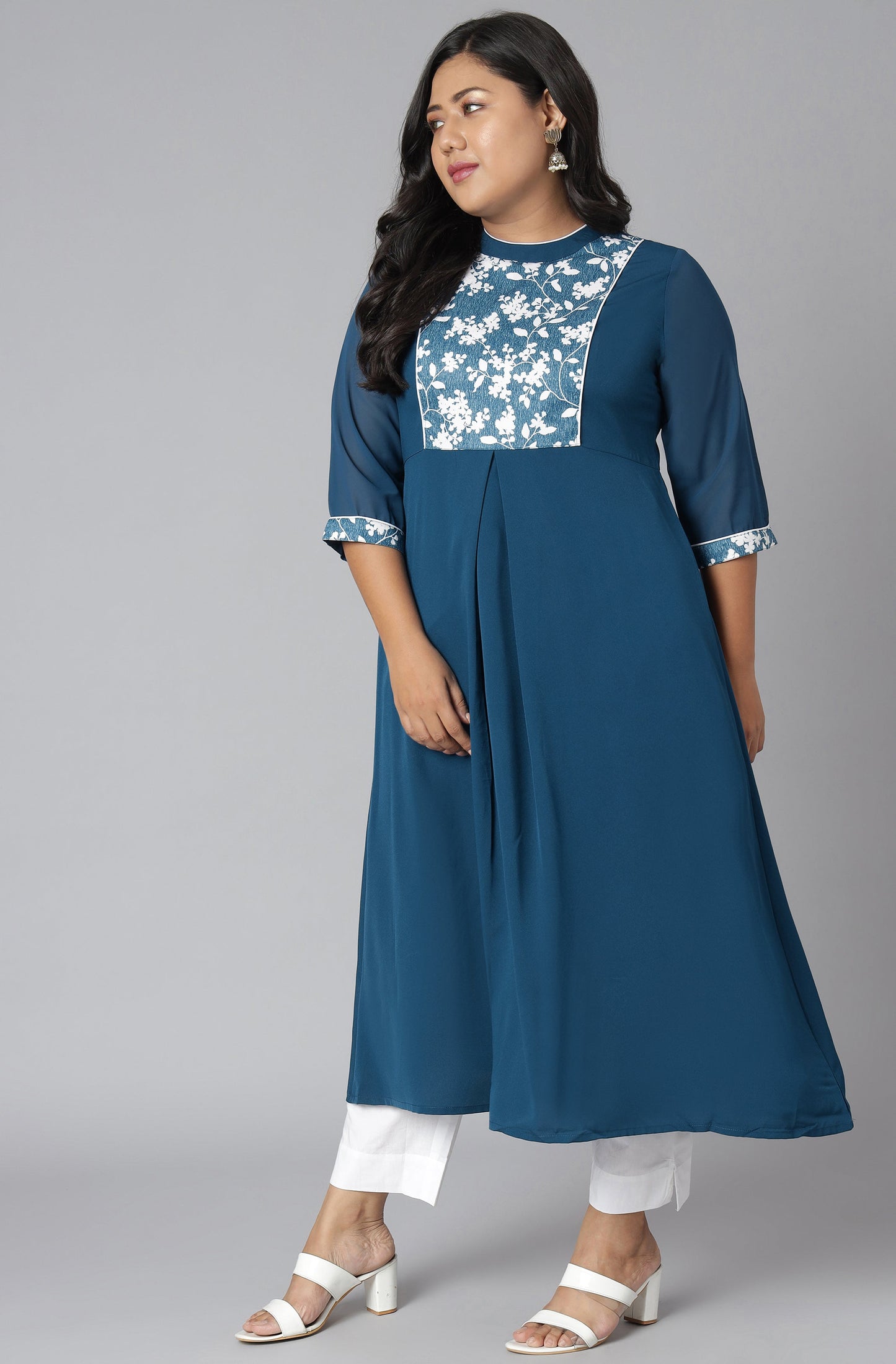 Janasya Women's Teal Poly Crepe Floral Print Casual A-line Kurta | Swadesiicart