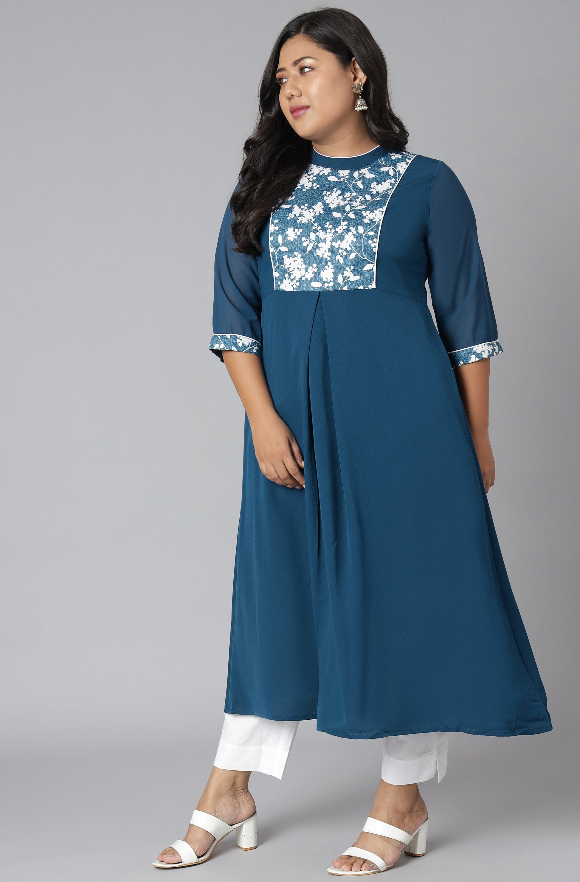 Janasya Women's Teal Poly Crepe Floral Print Casual A-line Kurta | Swadesiicart