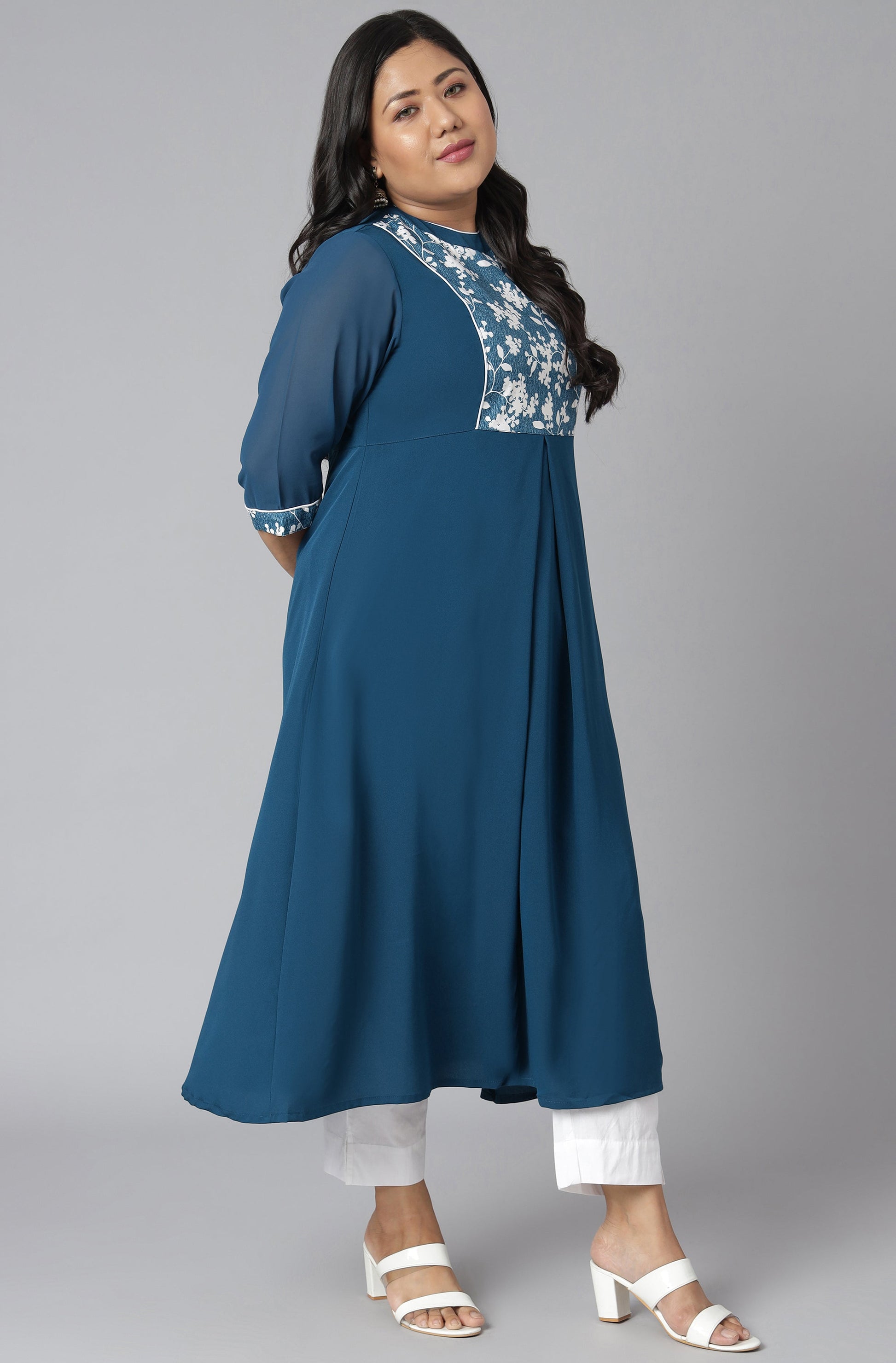 Janasya Women's Teal Poly Crepe Floral Print Casual A-line Kurta | Swadesiicart
