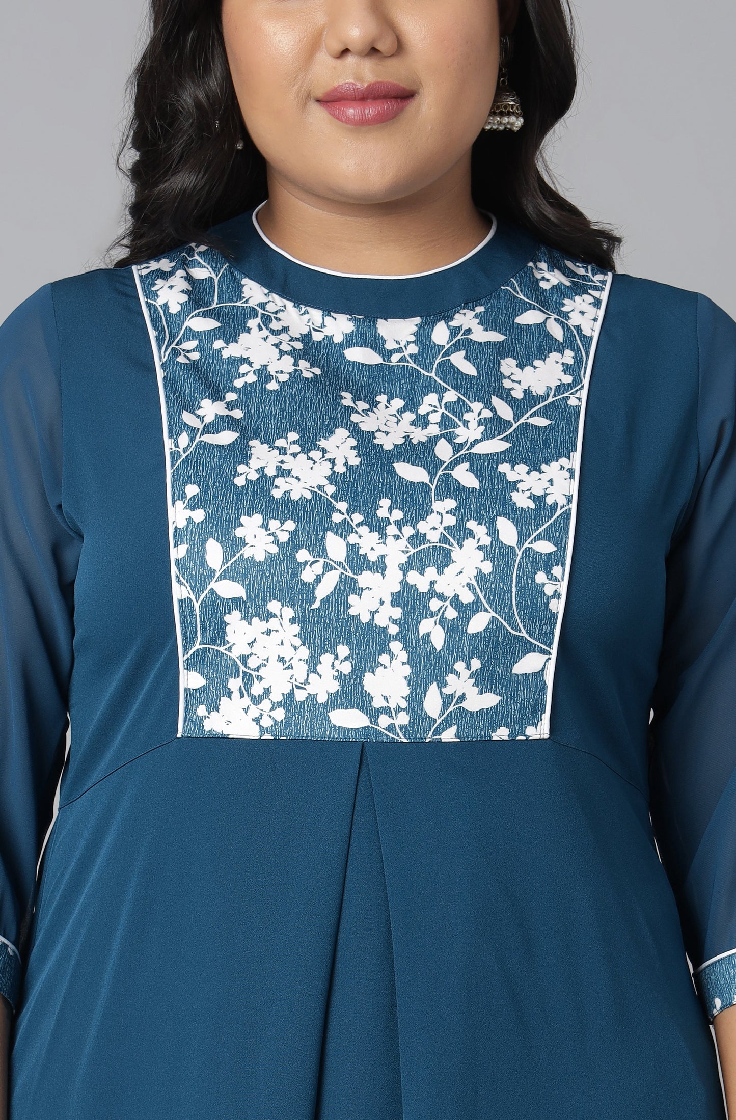 Janasya Women's Teal Poly Crepe Floral Print Casual A-line Kurta | Swadesiicart
