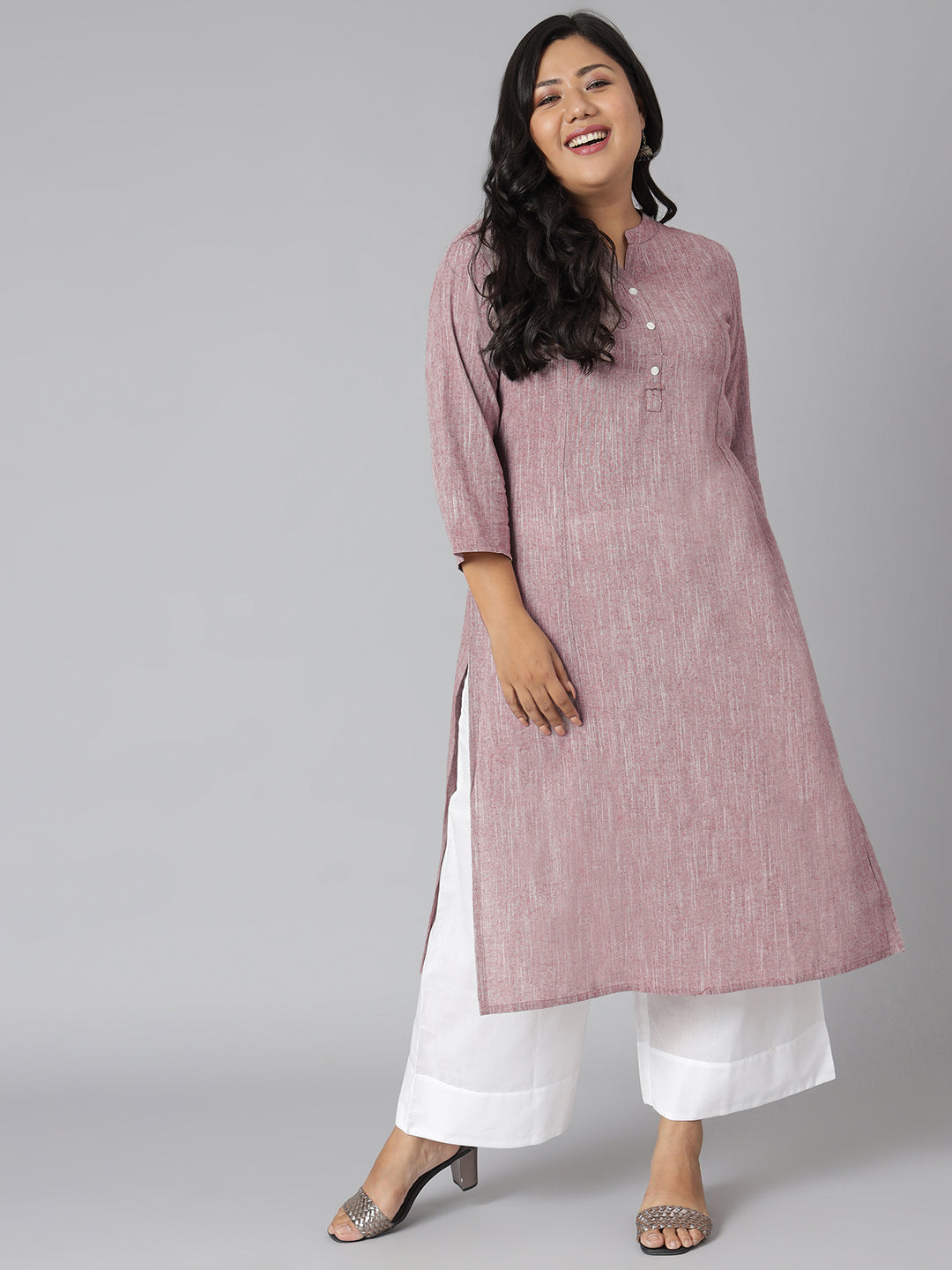 Janasya Women's Mauve Cotton Slub Solid Casual Straight Kurta | Swadesiicart