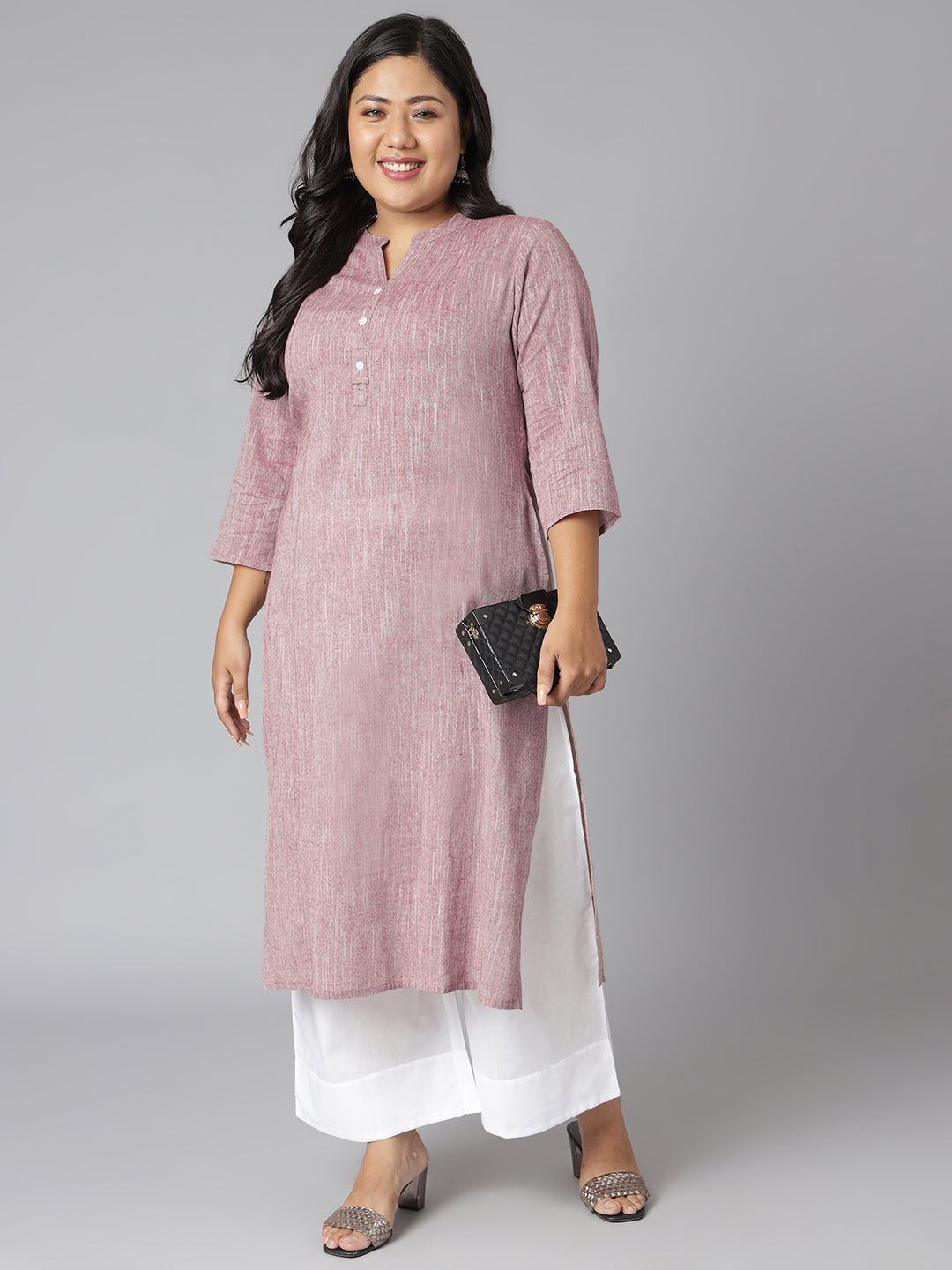 Janasya Women's Mauve Cotton Slub Solid Casual Straight Kurta | Swadesiicart