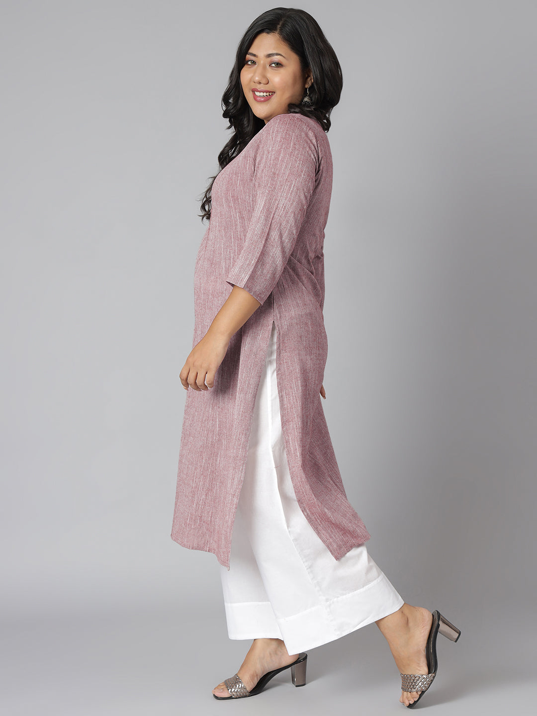 Janasya Women's Mauve Cotton Slub Solid Casual Straight Kurta | Swadesiicart