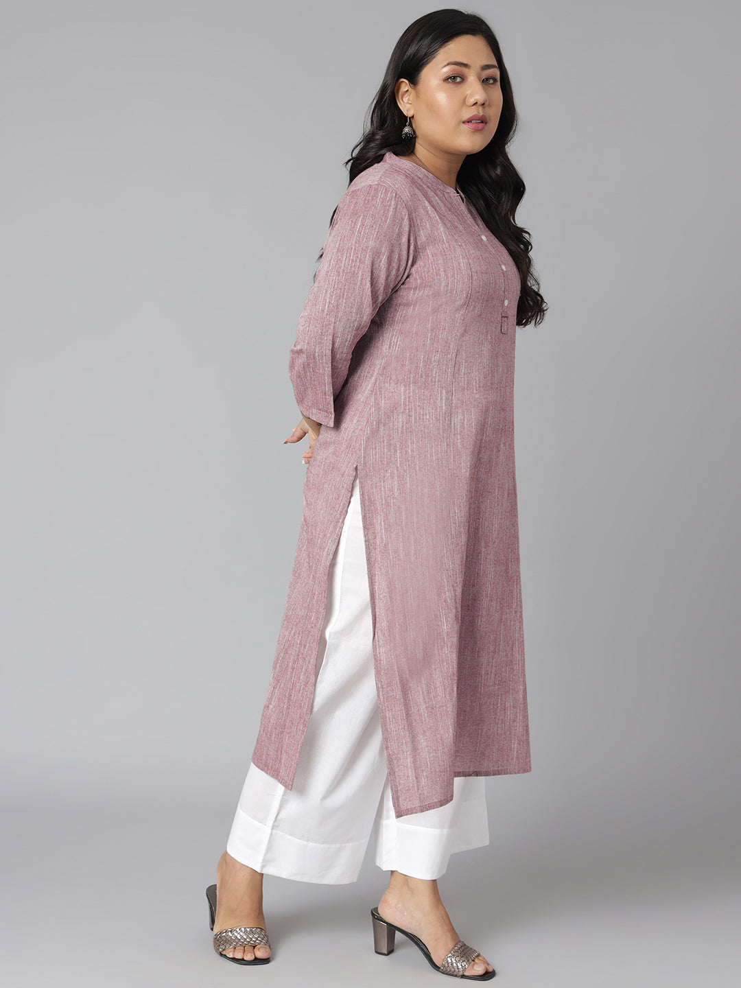 Janasya Women's Mauve Cotton Slub Solid Casual Straight Kurta | Swadesiicart