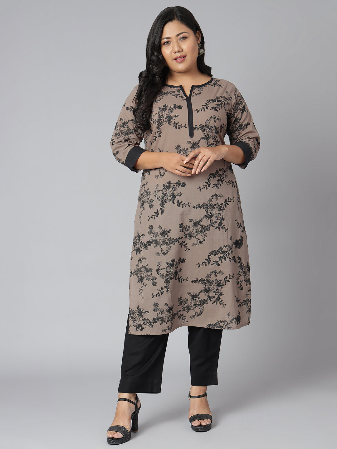 Janasya Women's Grey Cotton Floral Print Casual Straight Kurta | Swadesiicart
