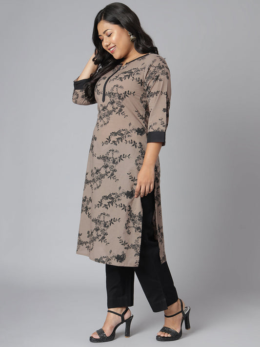 Janasya Women's Grey Cotton Floral Print Casual Straight Kurta | Swadesiicart
