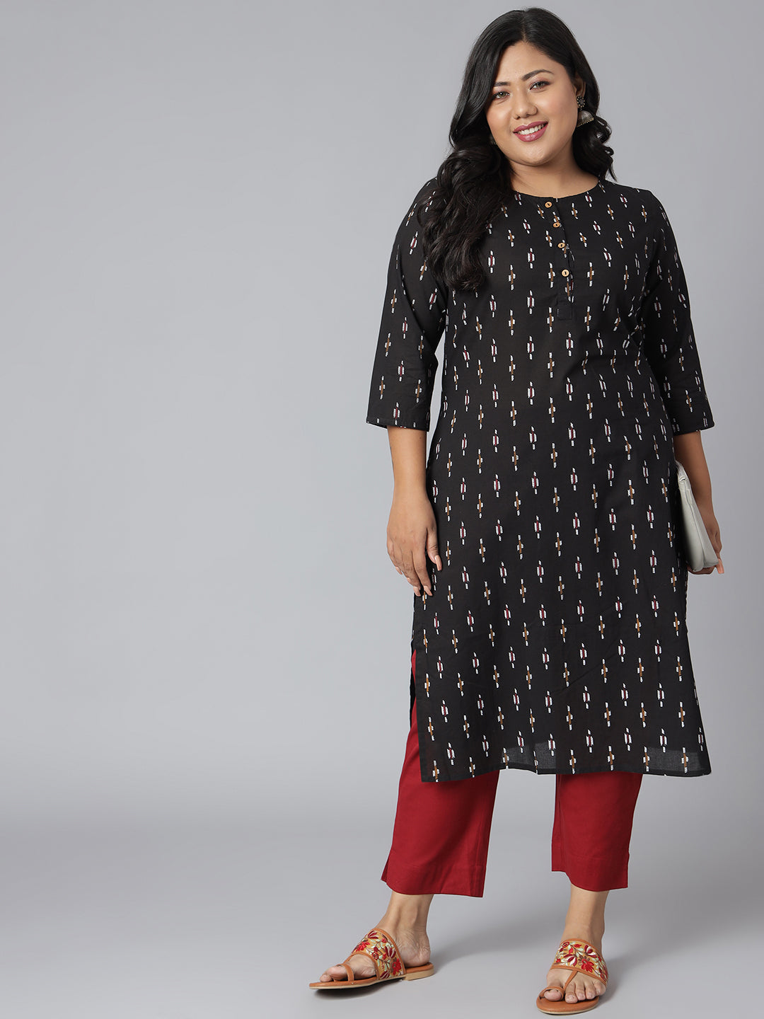 Janasya Women's Black Cotton Ikat Casual Straight Kurta | Swadesiicart