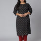 Janasya Women's Black Cotton Ikat Casual Straight Kurta | Swadesiicart