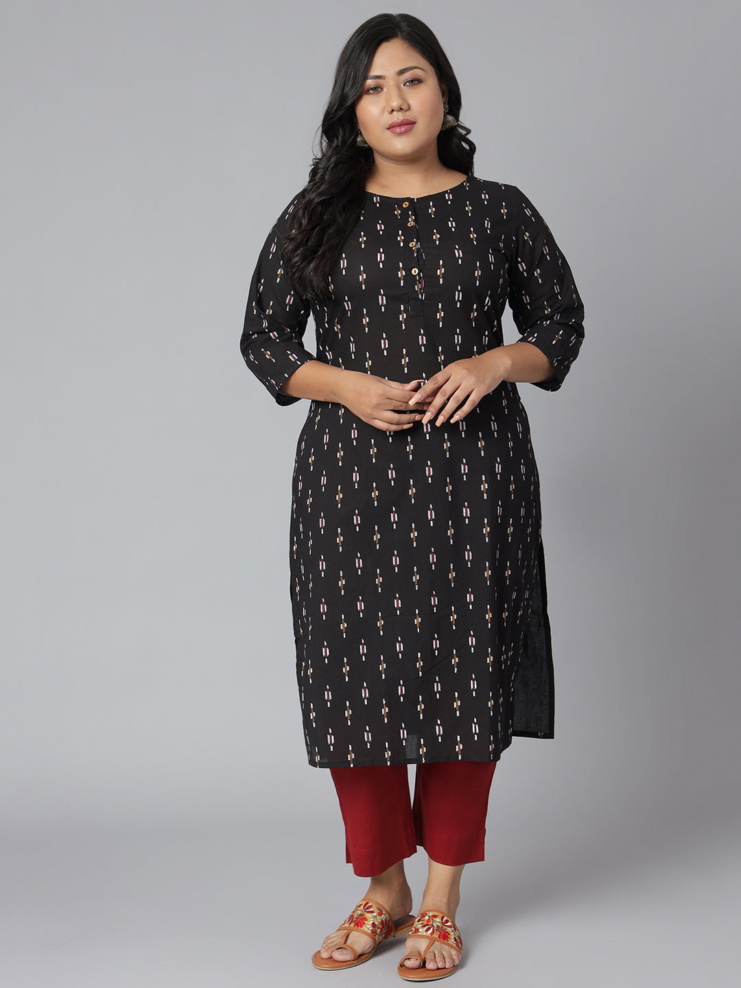 Janasya Women's Black Cotton Ikat Casual Straight Kurta | Swadesiicart