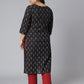 Janasya Women's Black Cotton Ikat Casual Straight Kurta | Swadesiicart