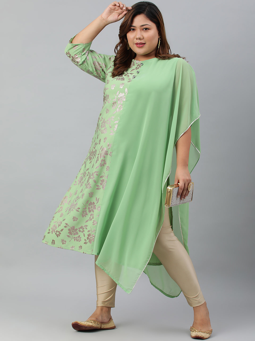 Janasya Women's Light Green Poly Crepe Foil Print Casual Straight kurta | Swadesiicart