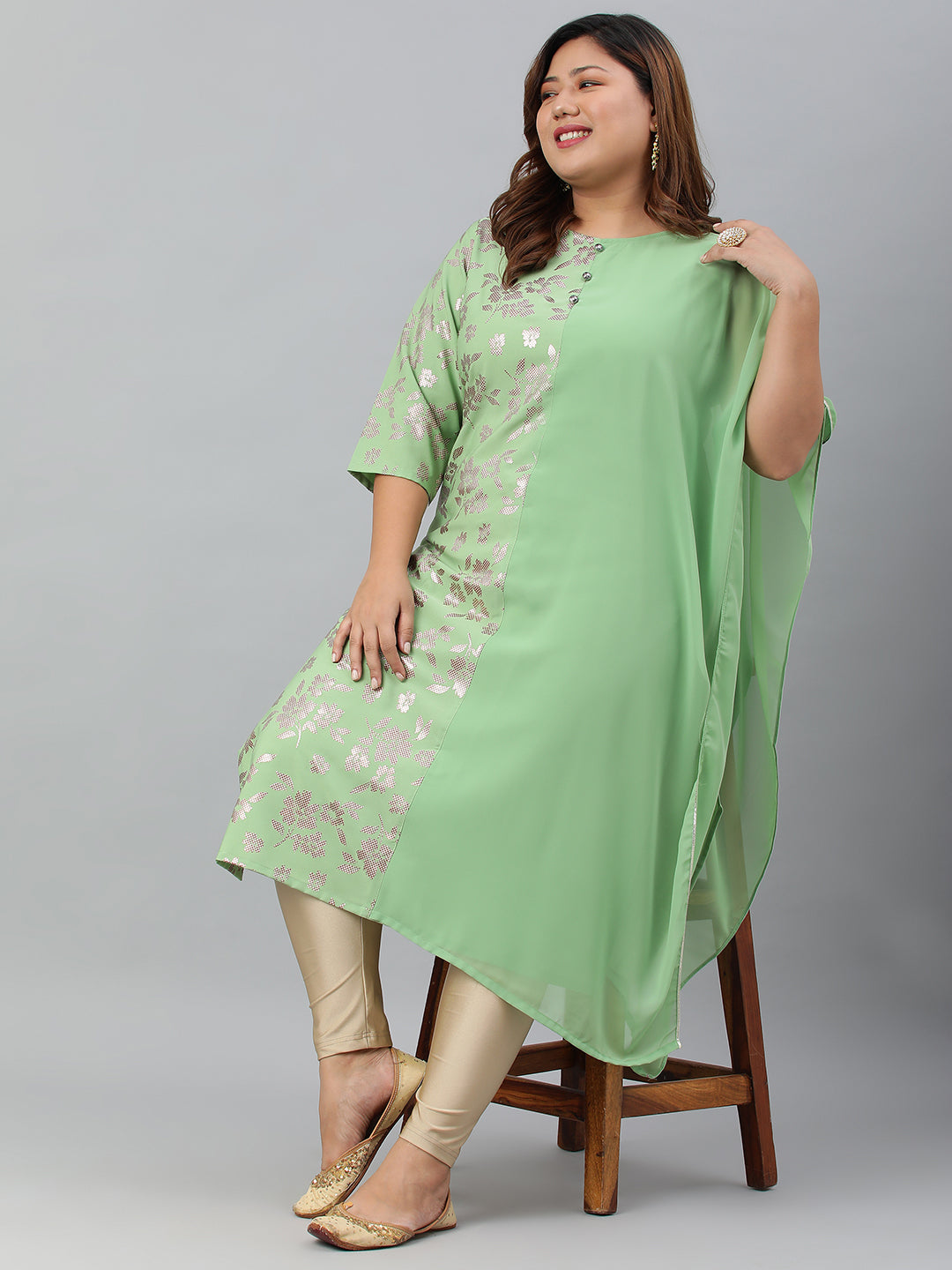Janasya Women's Light Green Poly Crepe Foil Print Casual Straight kurta | Swadesiicart