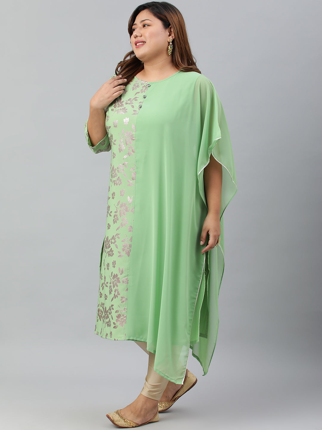 Janasya Women's Light Green Poly Crepe Foil Print Casual Straight kurta | Swadesiicart