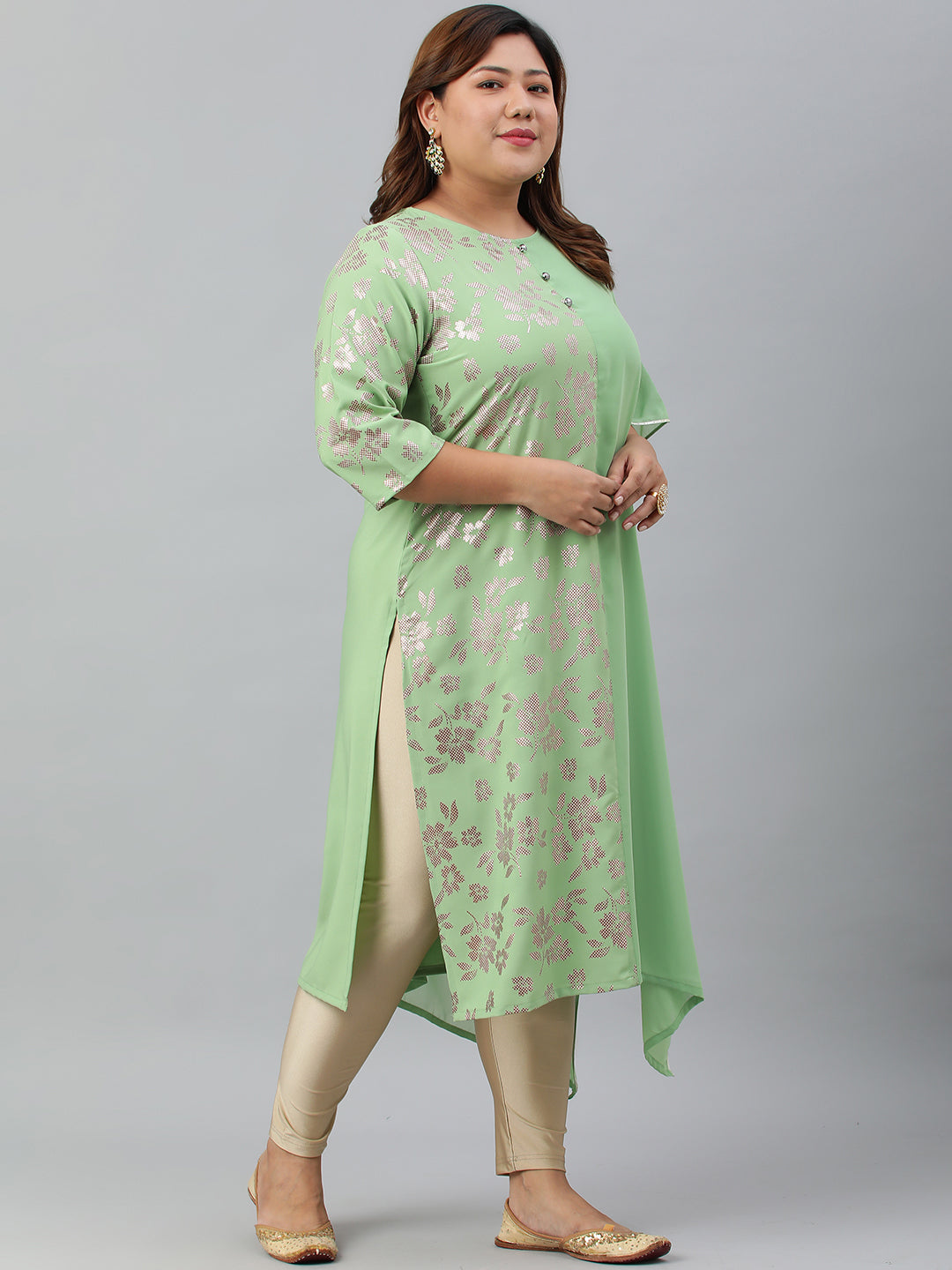 Janasya Women's Light Green Poly Crepe Foil Print Casual Straight kurta | Swadesiicart