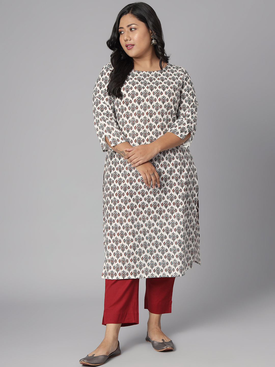 Janasya Women's White Cotton Floral Print Casual Straight Kurta | Swadesiicart