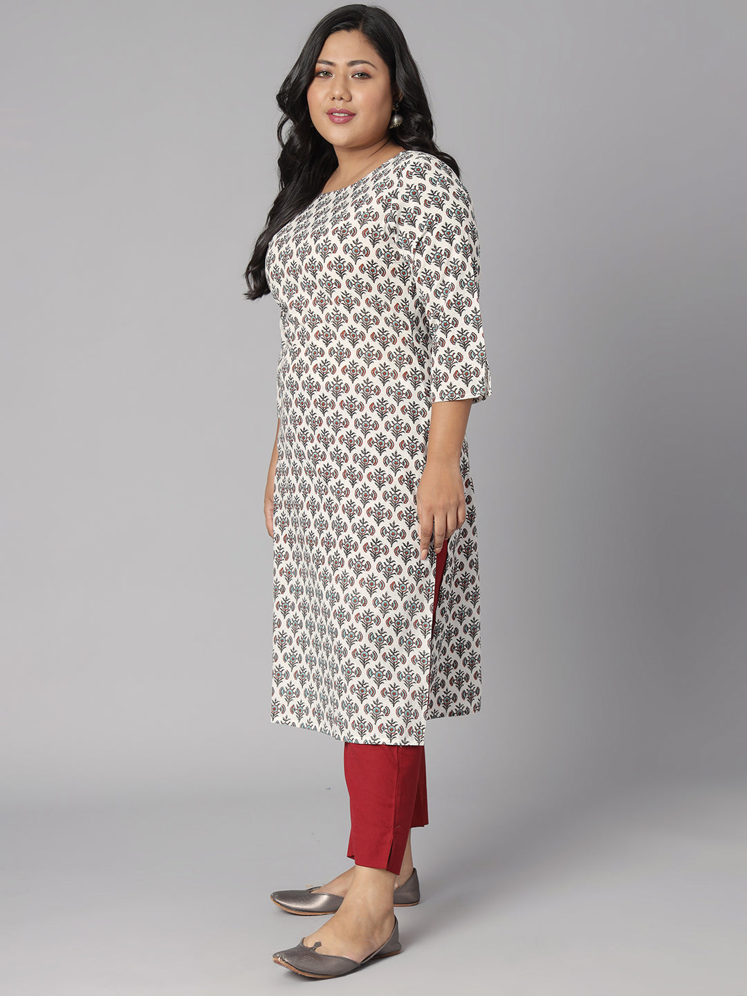 Janasya Women's White Cotton Floral Print Casual Straight Kurta | Swadesiicart