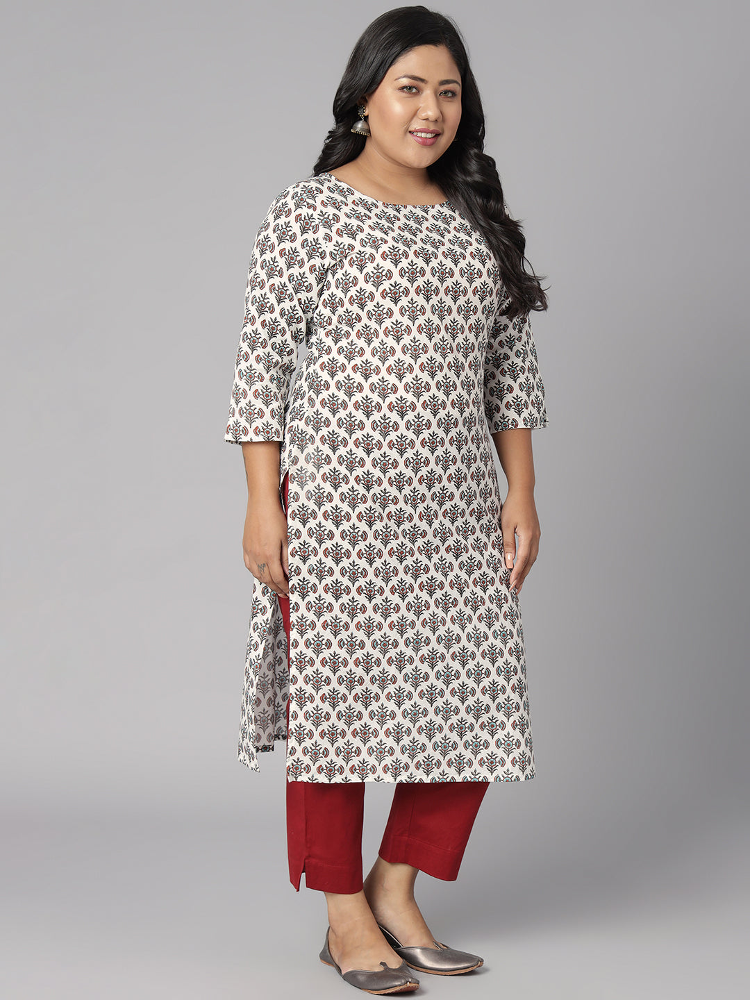 Janasya Women's White Cotton Floral Print Casual Straight Kurta | Swadesiicart