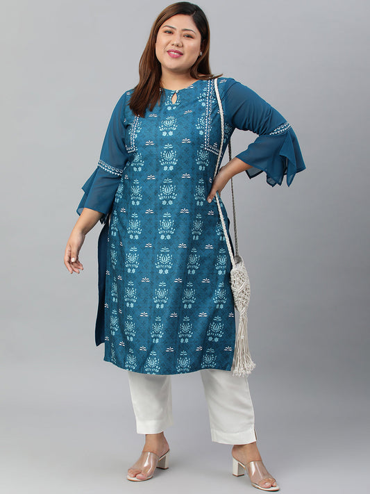 Janasya Women's Teal Poly Crepe Digital Print Casual Straight kurta | Swadesiicart