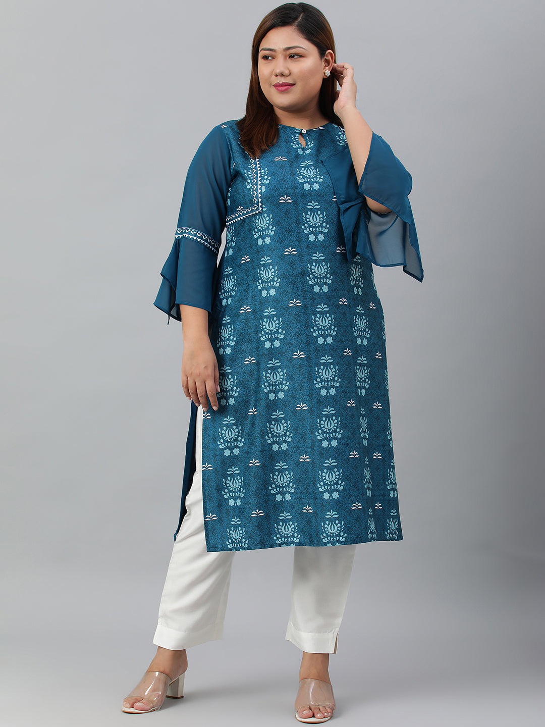 Janasya Women's Teal Poly Crepe Digital Print Casual Straight kurta | Swadesiicart