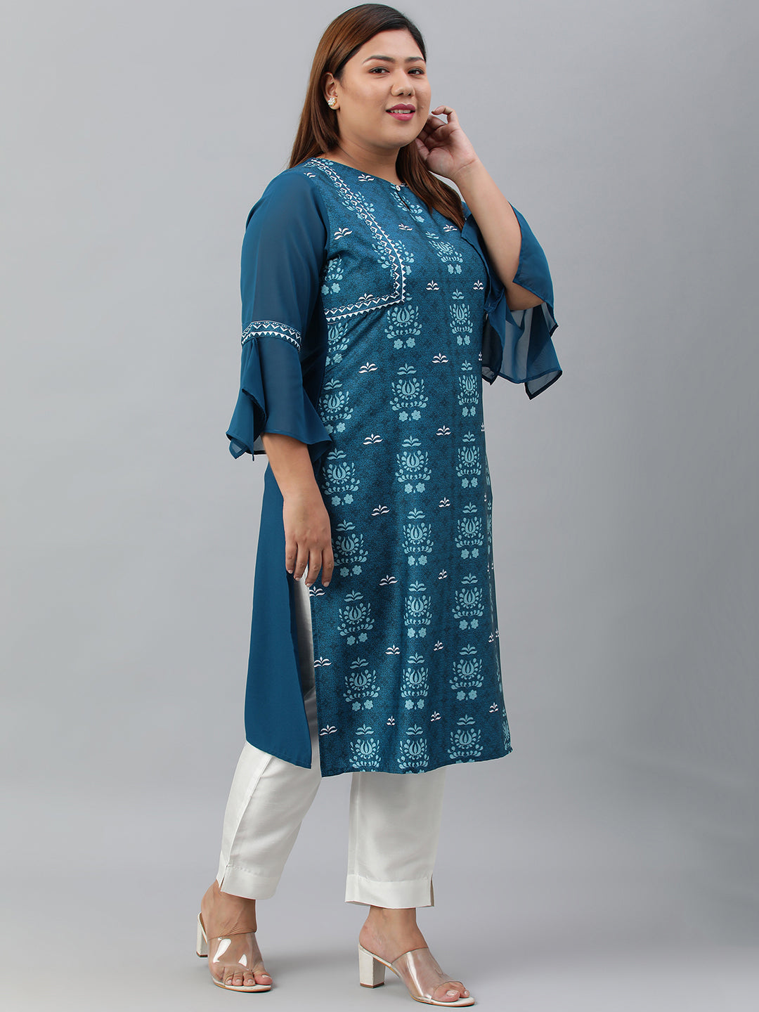 Janasya Women's Teal Poly Crepe Digital Print Casual Straight kurta | Swadesiicart