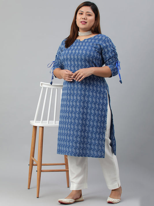 Janasya Women's Blue Cotton Woven Design Casual Straight Kurta | Swadesiicart