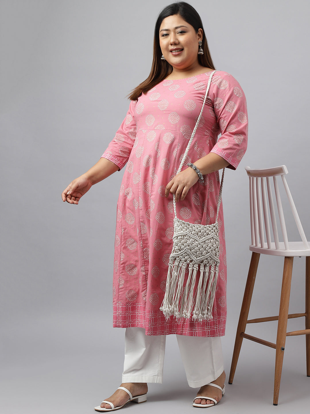 Janasya Women's Pink Cotton Foil Floral Printed Casual Anarkali kurta | Swadesiicart