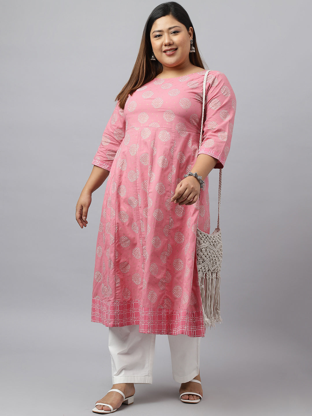 Janasya Women's Pink Cotton Foil Floral Printed Casual Anarkali kurta | Swadesiicart