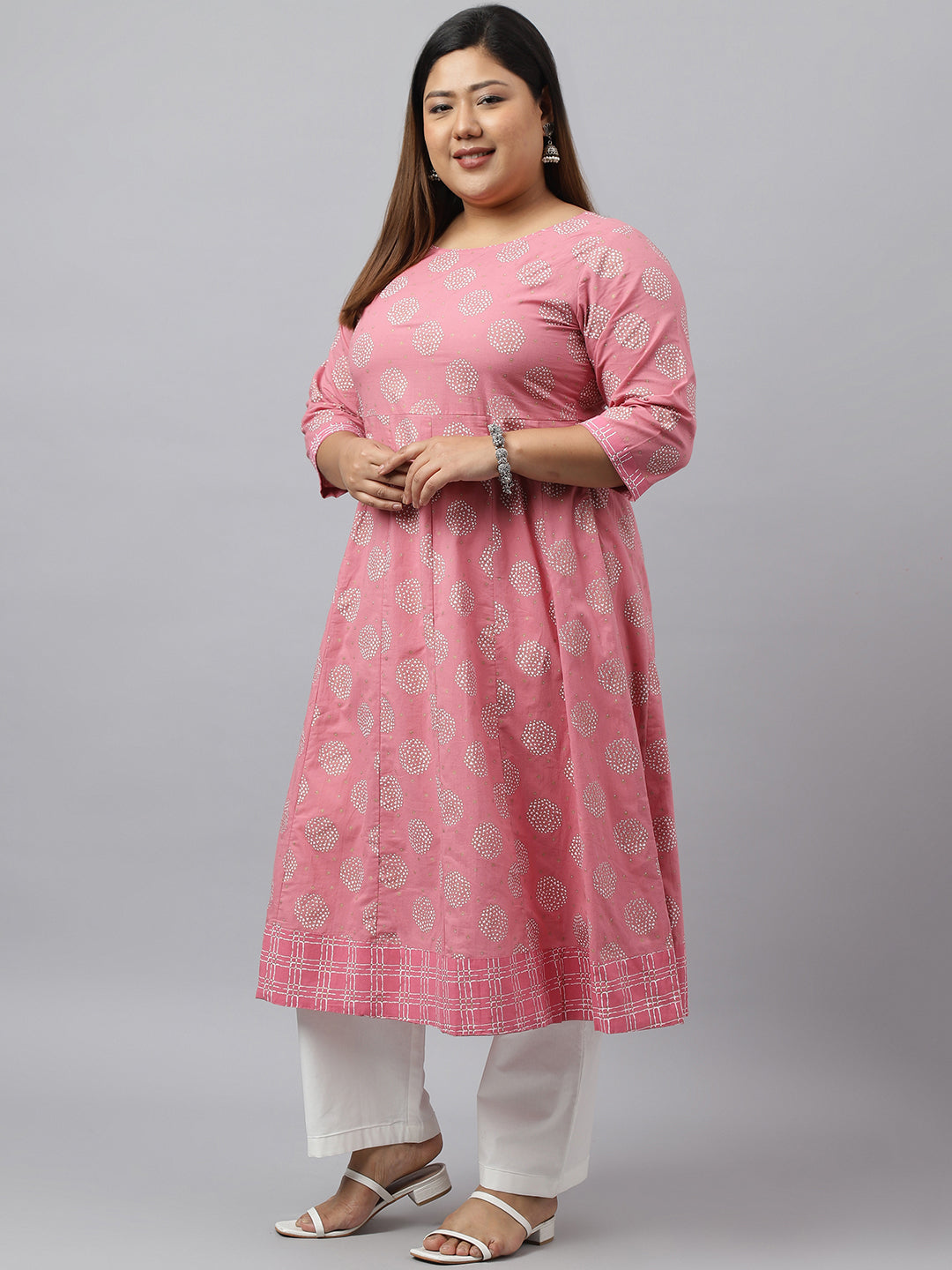 Janasya Women's Pink Cotton Foil Floral Printed Casual Anarkali kurta | Swadesiicart