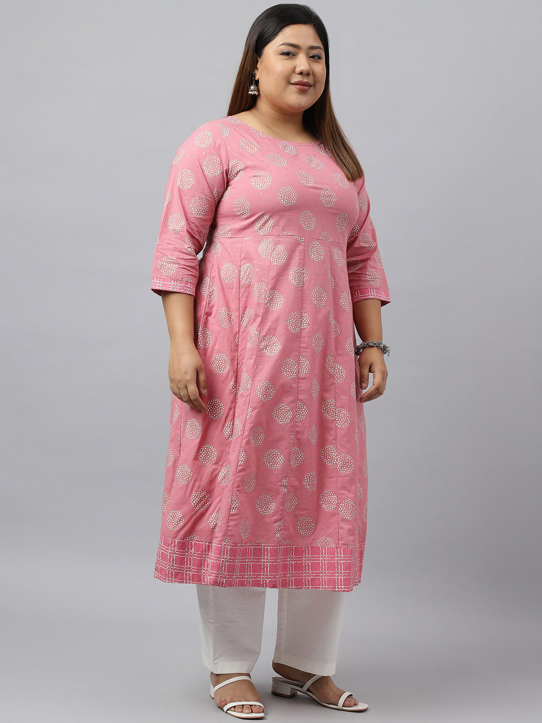 Janasya Women's Pink Cotton Foil Floral Printed Casual Anarkali kurta | Swadesiicart