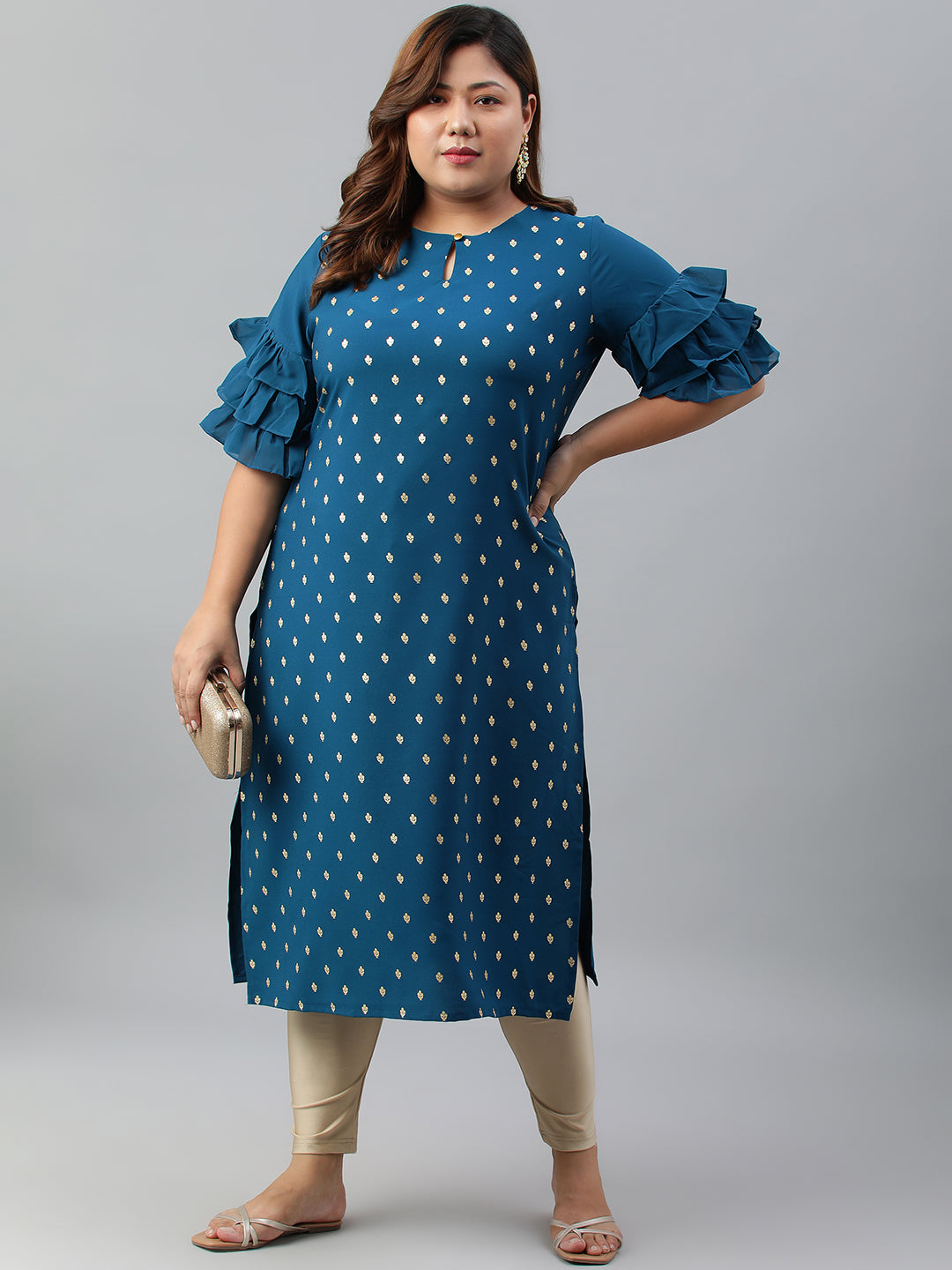 Janasya Women's Teal Poly Crepe Foil Print Casual Straight kurta | Swadesiicart