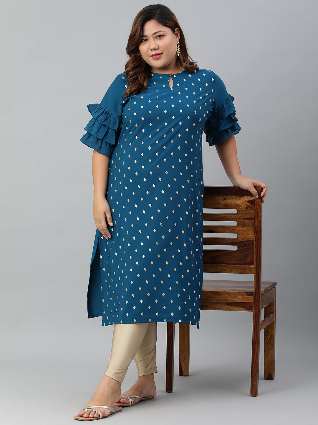 Janasya Women's Teal Poly Crepe Foil Print Casual Straight kurta | Swadesiicart