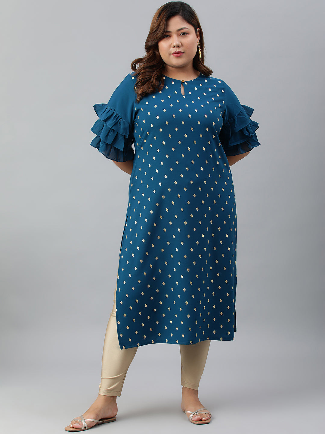 Janasya Women's Teal Poly Crepe Foil Print Casual Straight kurta | Swadesiicart