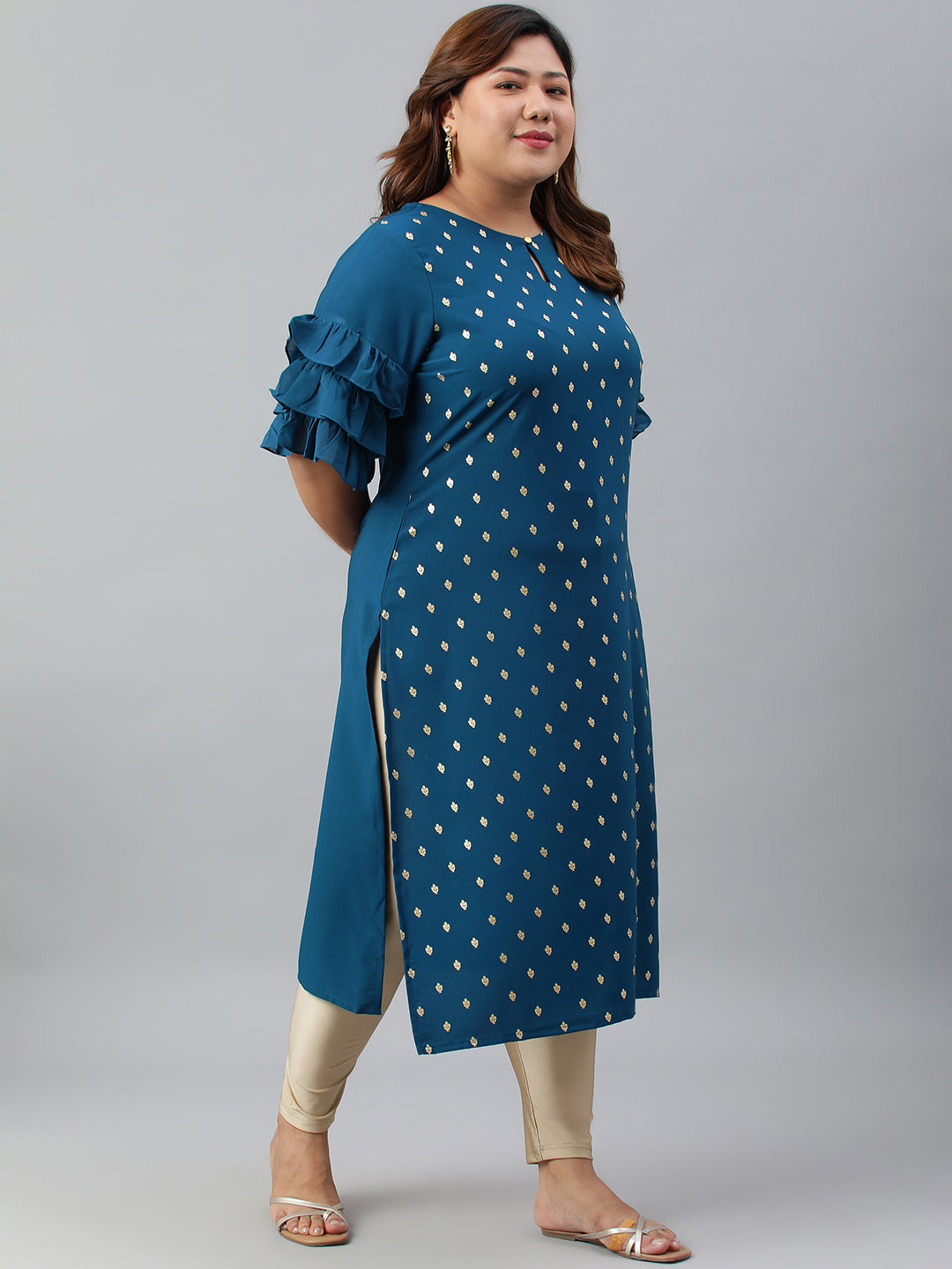 Janasya Women's Teal Poly Crepe Foil Print Casual Straight kurta | Swadesiicart