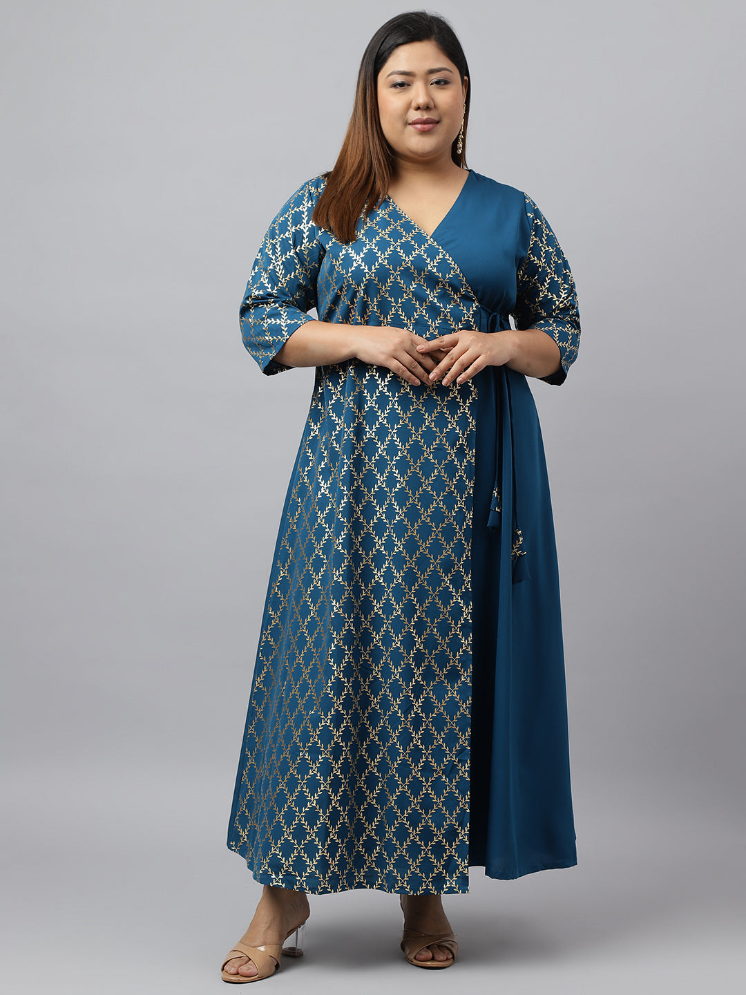 Janasya Teal Poly Crepe Foil Printed kurta | Swadesiicart