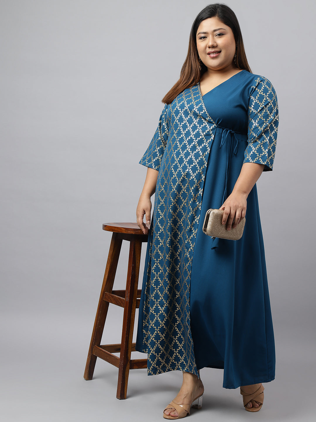 Janasya Teal Poly Crepe Foil Printed kurta | Swadesiicart