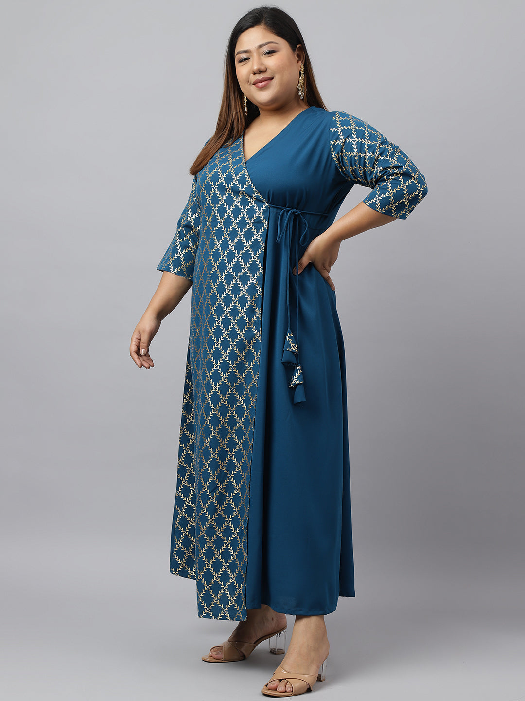 Janasya Teal Poly Crepe Foil Printed kurta | Swadesiicart