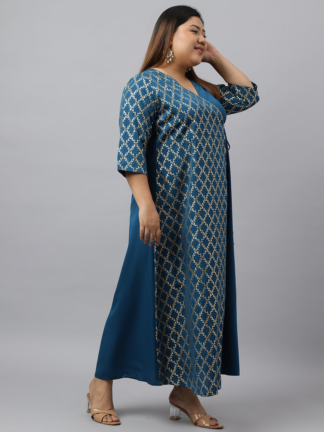 Janasya Teal Poly Crepe Foil Printed kurta | Swadesiicart