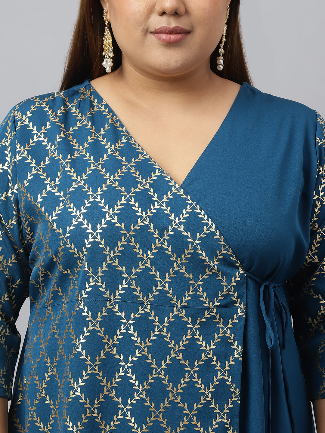 Janasya Teal Poly Crepe Foil Printed kurta | Swadesiicart