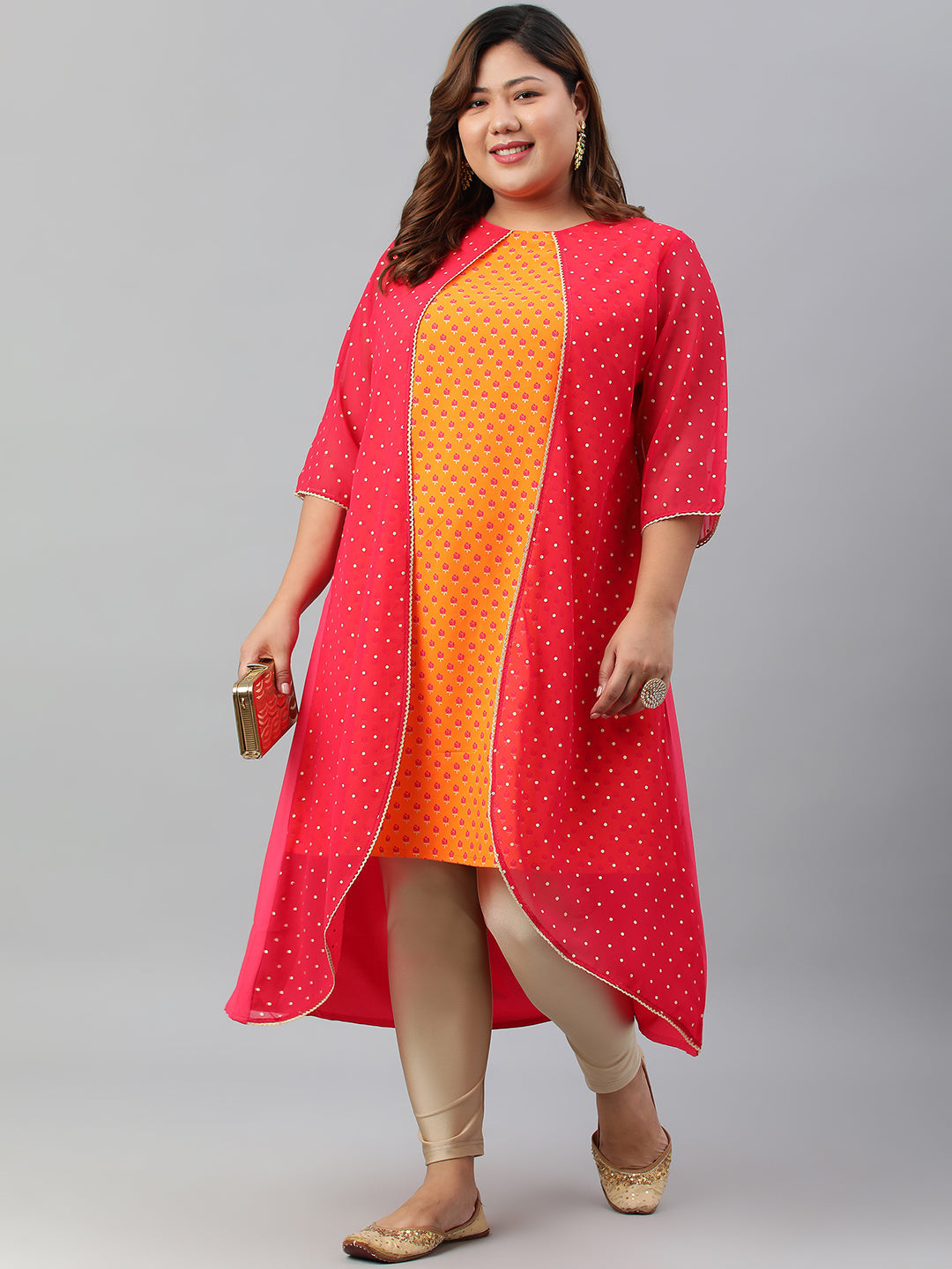 Janasya Women's Orange Poly Crepe Floral Print Festive & Party A-Line With Attached Jacket kurta | Swadesiicart