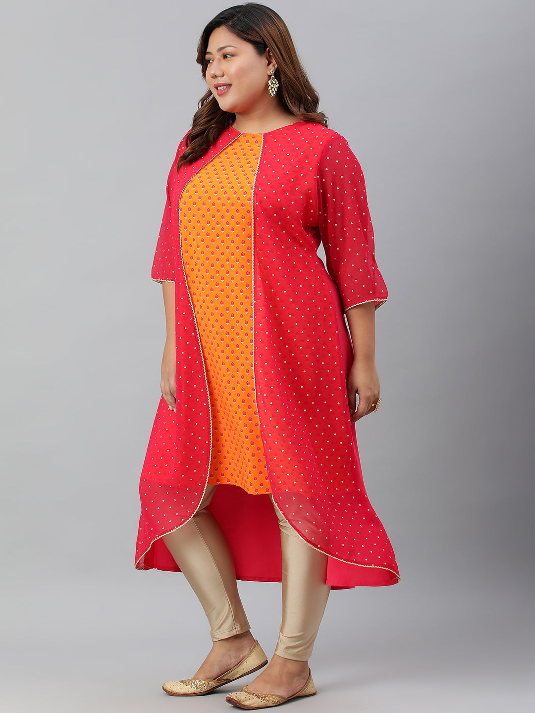 Janasya Women's Orange Poly Crepe Floral Print Festive & Party A-Line With Attached Jacket kurta | Swadesiicart