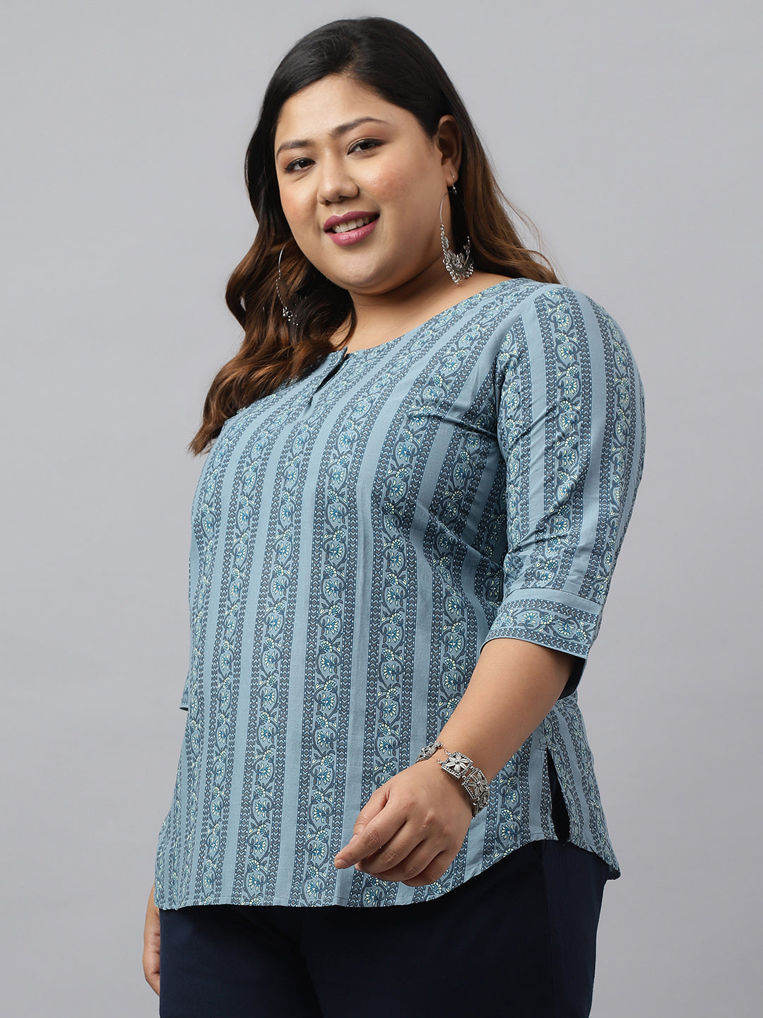 Janasya Women's Grey Cotton Floral Print Casual Regular Top | Swadesiicart