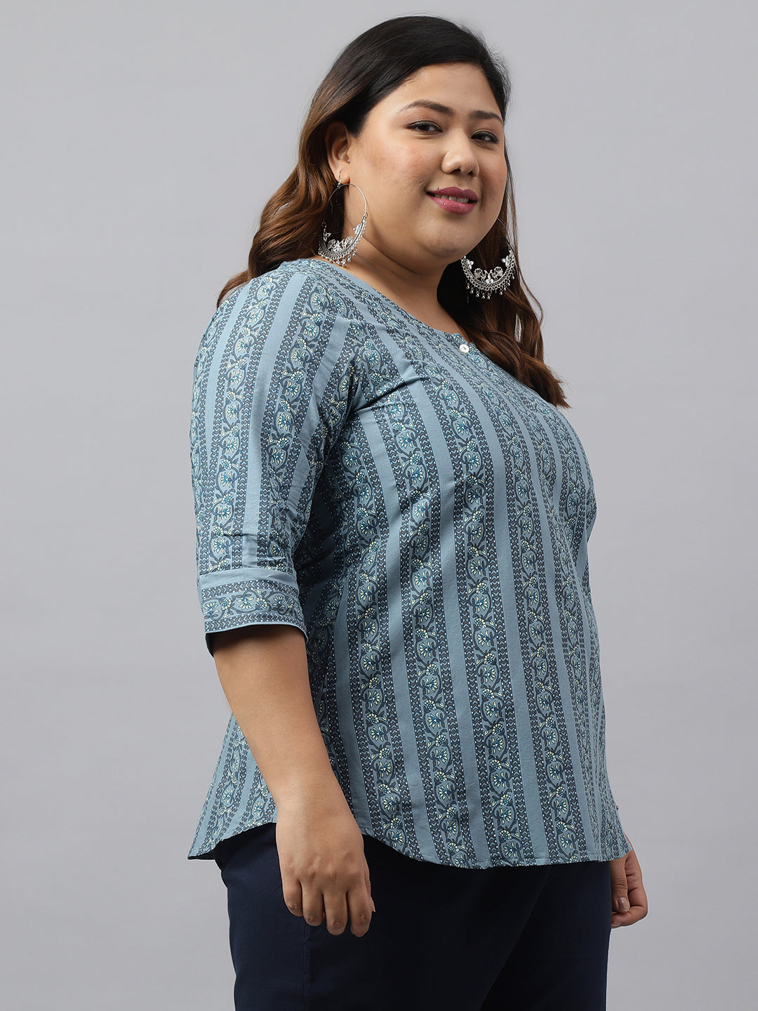 Janasya Women's Grey Cotton Floral Print Casual Regular Top | Swadesiicart