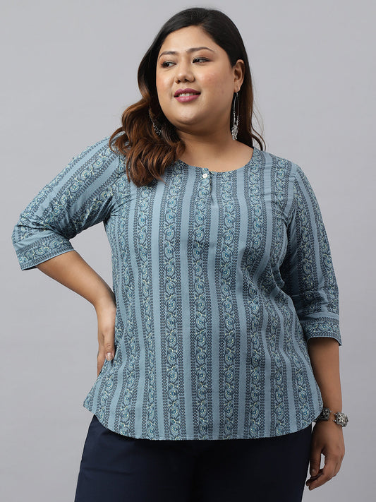 Janasya Women's Grey Cotton Floral Print Casual Regular Top | Swadesiicart