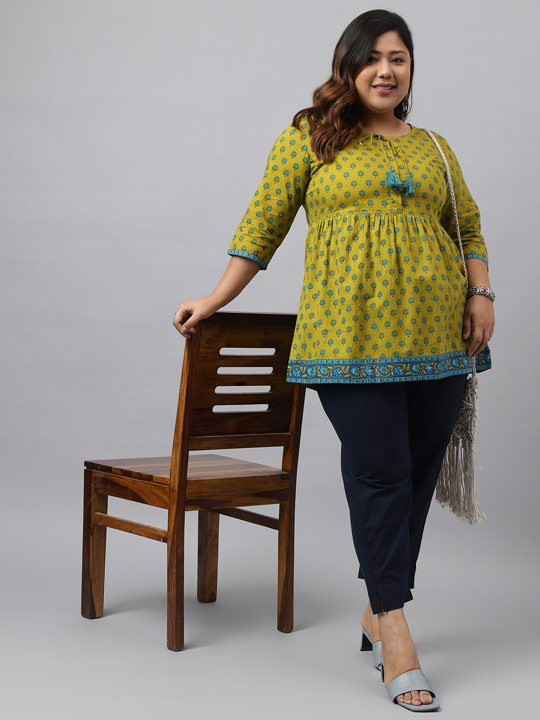 Janasya Women's Green Cotton Floral Printed Casual Gathered Tunic | Swadesiicart