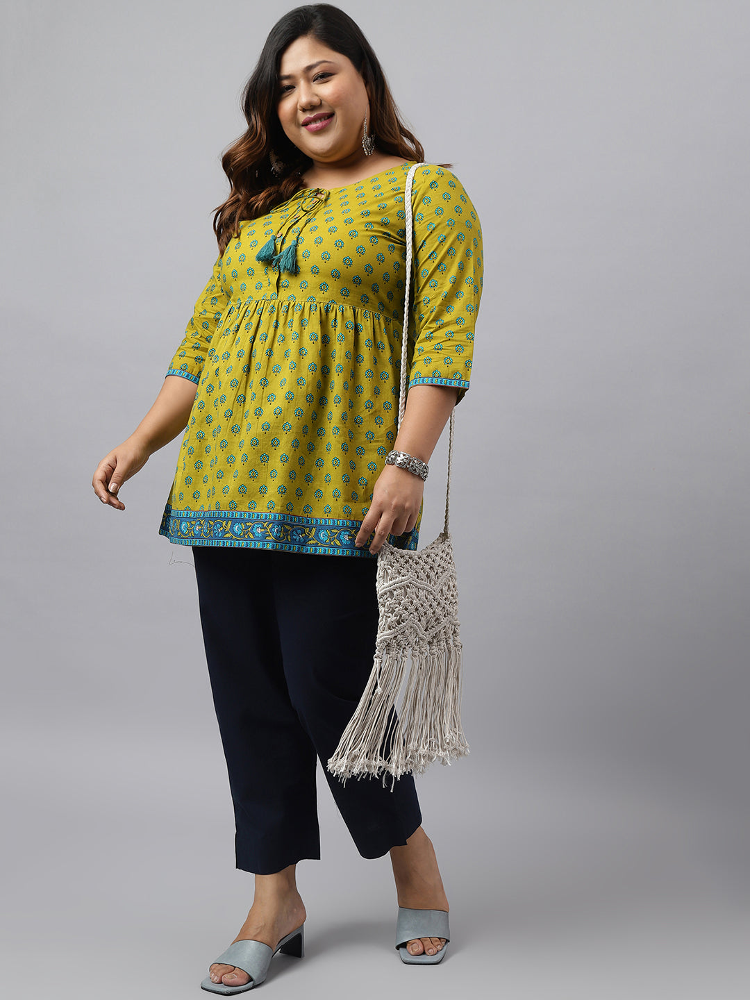 Janasya Women's Green Cotton Floral Printed Casual Gathered Tunic | Swadesiicart